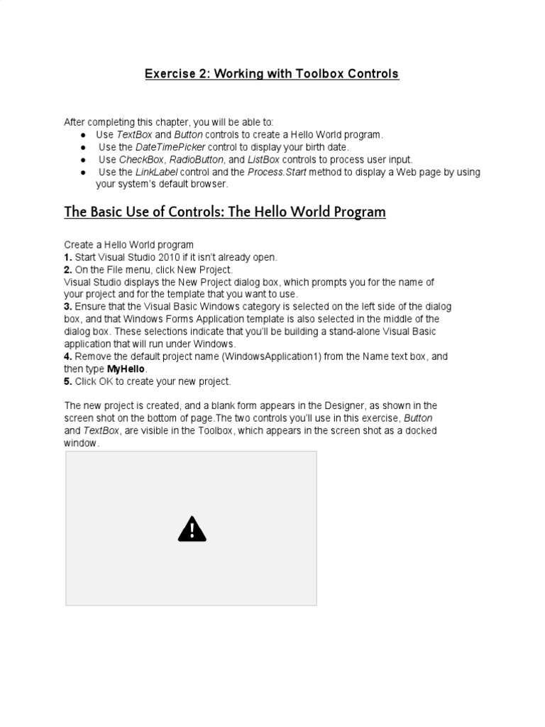 Exercise 2 - Working With Toolbox Controls | PDF | Microsoft Visual ...
