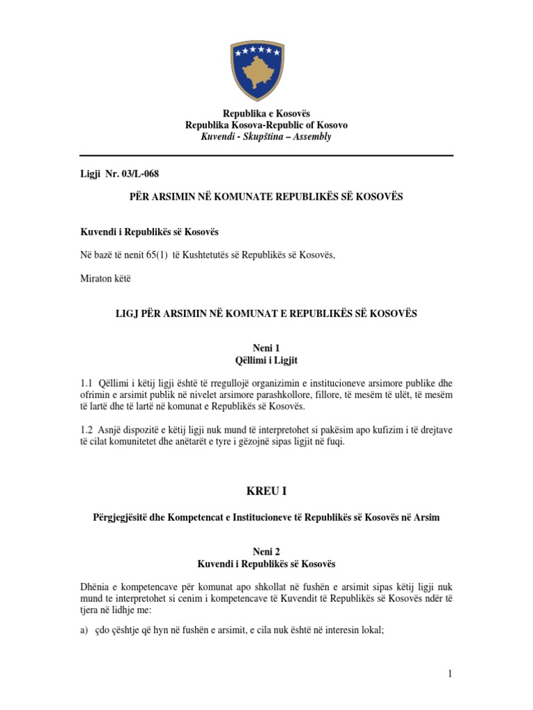 2 Ligji Nr. 03L068 LIGJI PËR ARSIMIN NË KOMUNAT E REPUBLIKËS SË