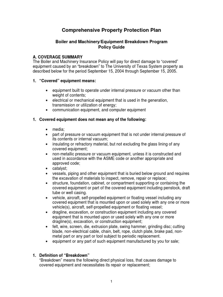 Comprehensive Property Protection Plan Boiler and Machinery/Equipment