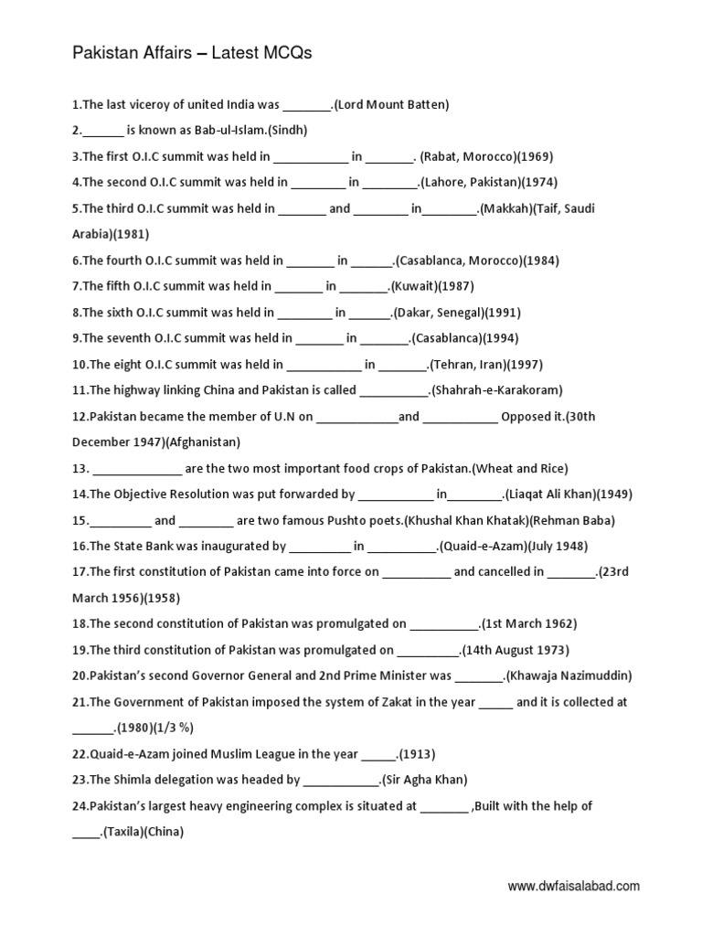 Pakistan Affairs MCQs for Students | PDF | All India Muslim League ...