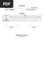 Score Sheet Name of Learner: - Grading Period Grade Vi-Gumamela School Year 2018-2019