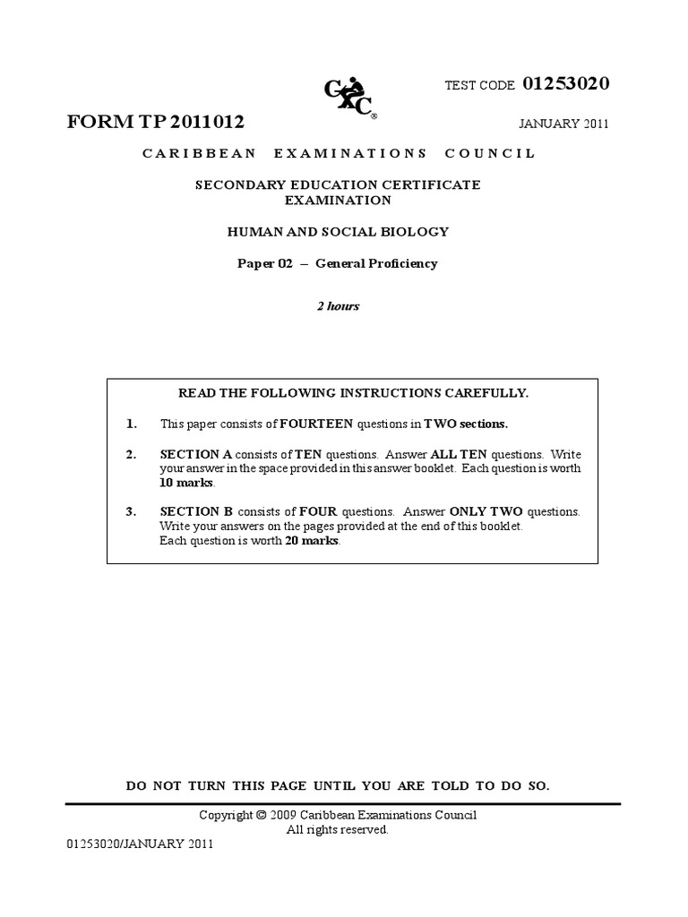 Csec HSB January 2010 p2 | PDF | Animal Anatomy | Medical Specialties