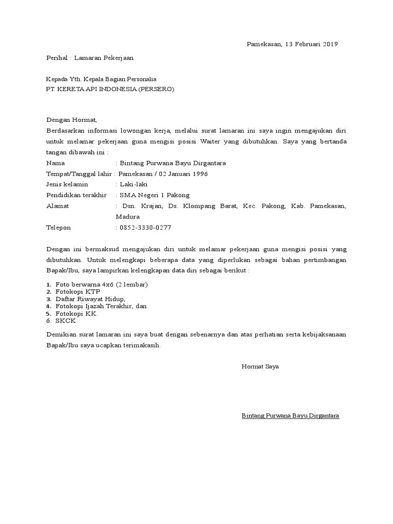 Surat Lamaran Pt Kereta Api