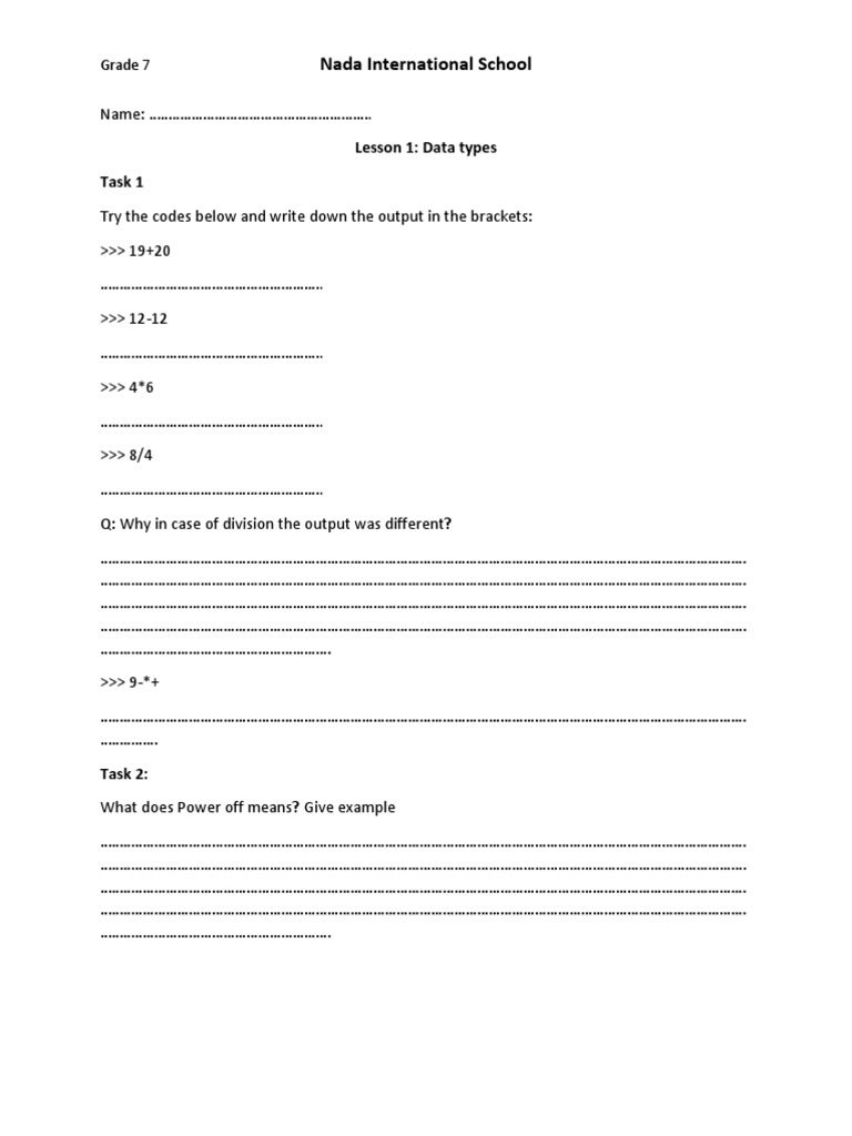 Grade 7 Data Types Coding Exercises | PDF