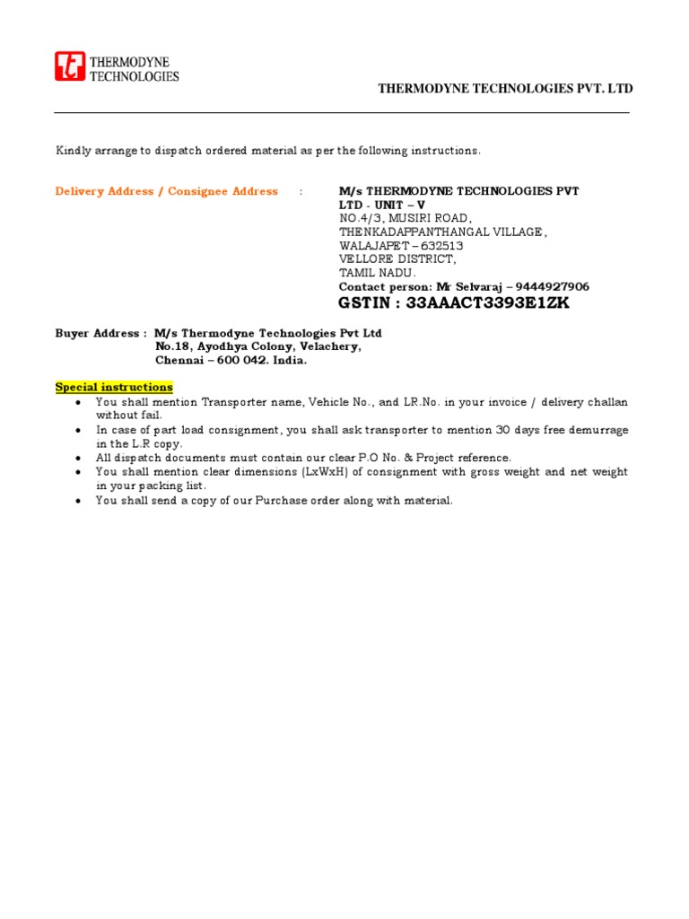 Despatch Instruction - Walajapet Works | PDF