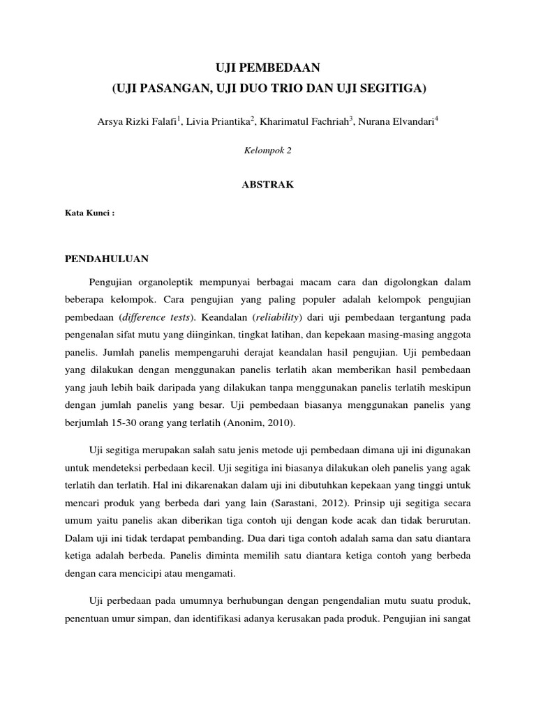 Laporan 1 Prak. Wastu (Uji Beda Pasangan, Uji Duo Trio, Uji Segitiga) | PDF