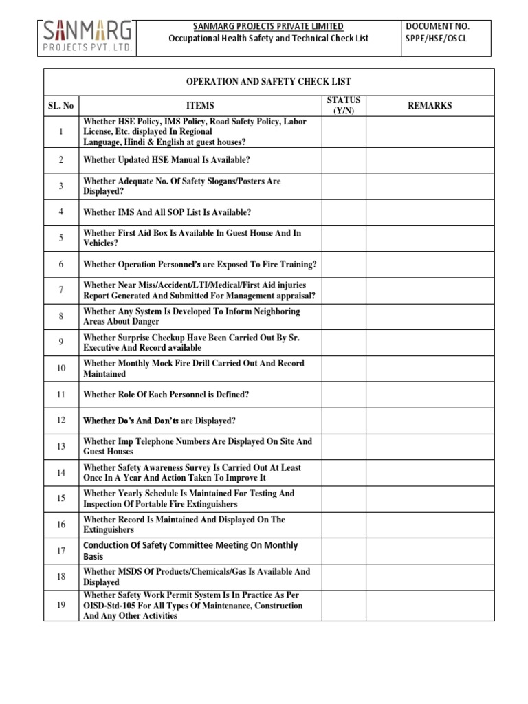 OISD Checklist PDF Occupational Safety And Health Safety