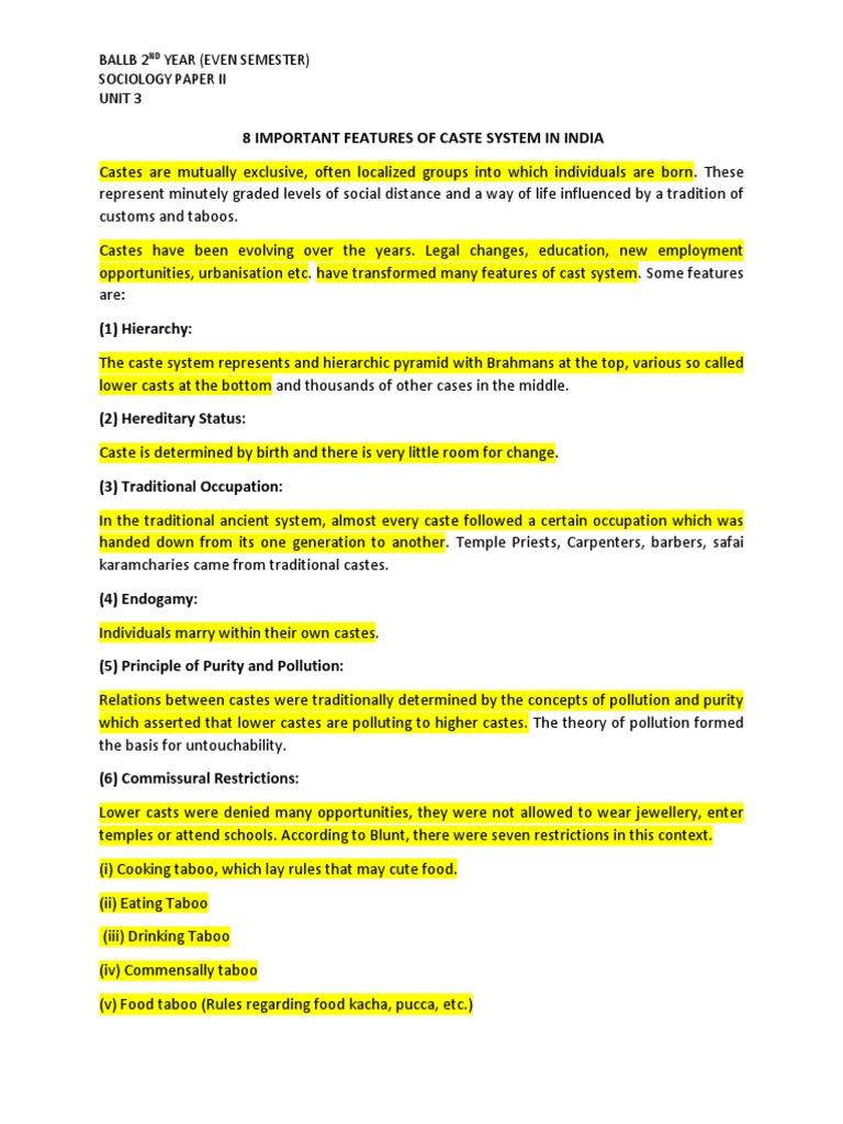 Key Features of India's Caste System | PDF | Caste | Social Inequality