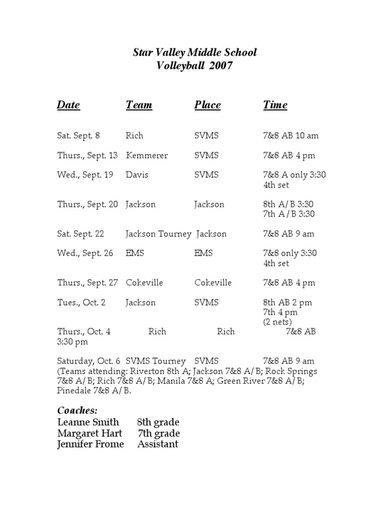Star Valley Middle School Volleyball Schedule 2007 PDF