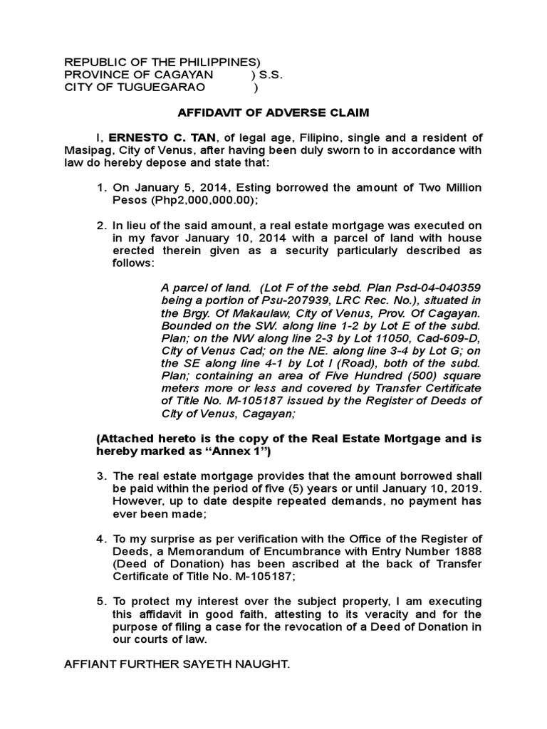 Affidavit of Adverse Claim in Cagayan | PDF | Mortgage Law | Affidavit