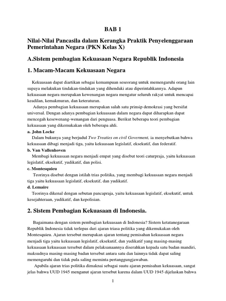 Bab 1 Nilai Nilai Pancasila Dalam Kerangka Praktik Penyelenggaraan Pemerintahan Negara Pkn Kelas X A Sistem Pembagian Kekuasaan Negara Republik Indonesia 1 Macam Macam Kekuasaan Negara