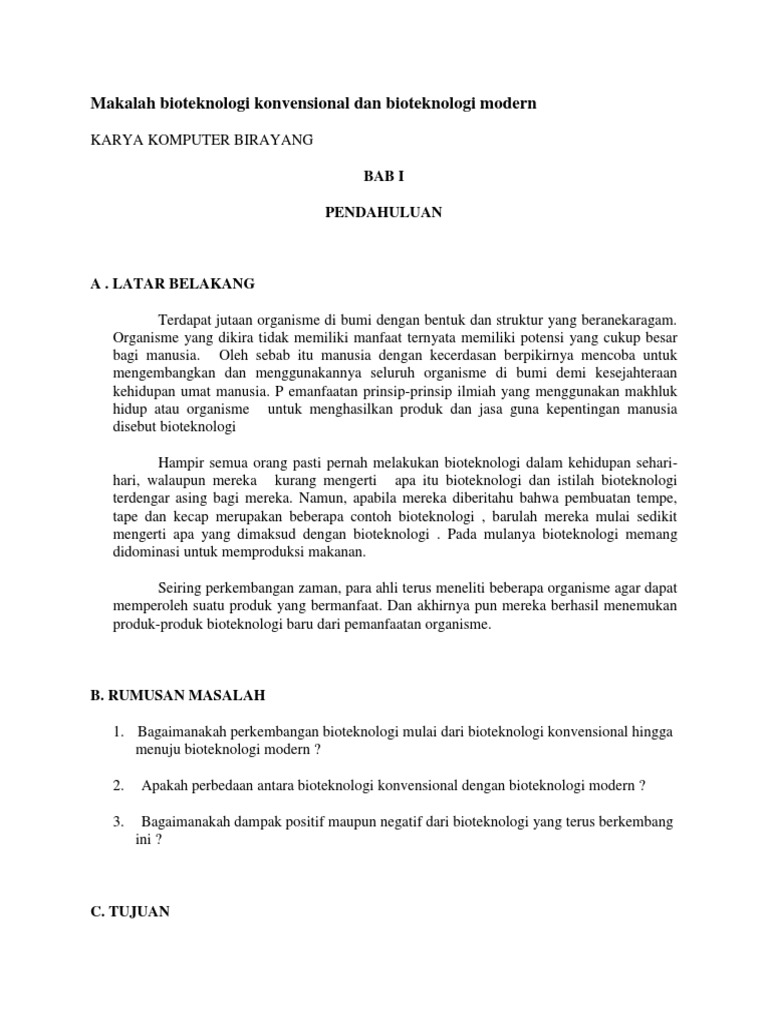 Makalah Bioteknologi Konvensional Dan Bioteknologi Modern Bab I Pendahuluan