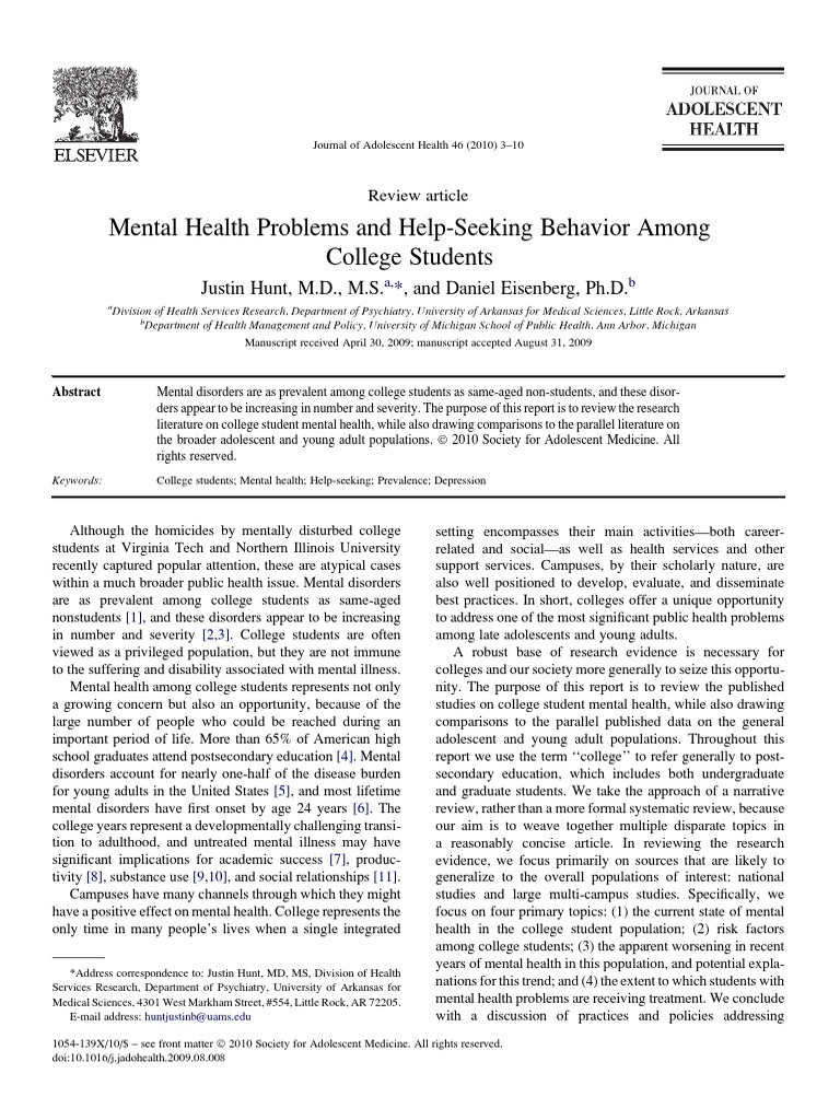 College Student Mental Health Review | PDF | Mental Disorder | Major ...
