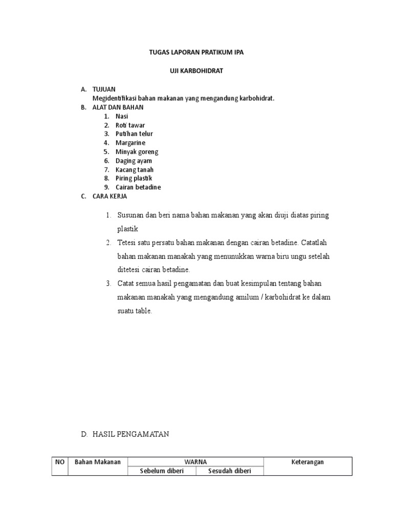 Tugas Laporan Pratikum Ipa Uji Karbohidrat