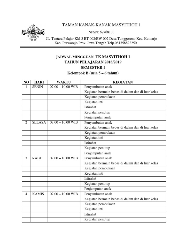 Jadwal Mingguan Tk Masyithoh 1