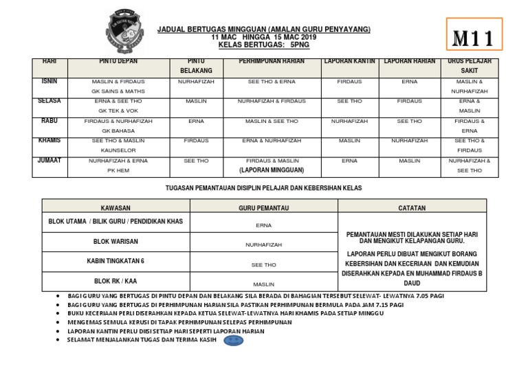 Jadual Bertugas Mingguan Guru Sekolah Pdf
