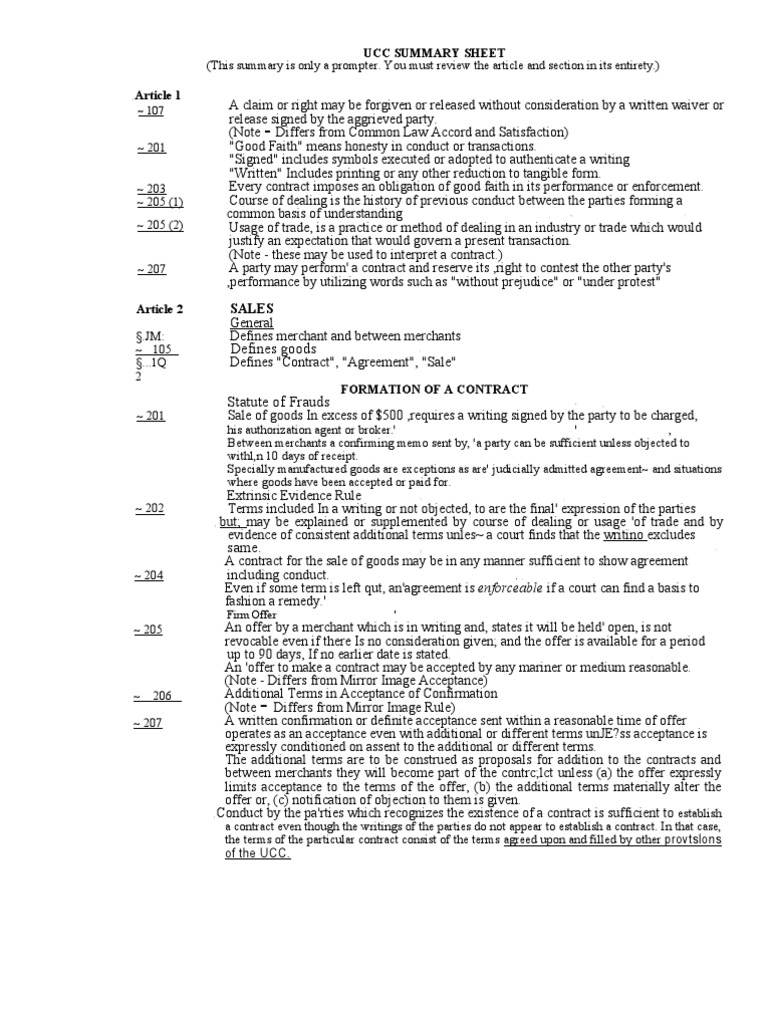 UCC Summary Sheet Overview | PDF | Implied Warranty | Breach Of Contract