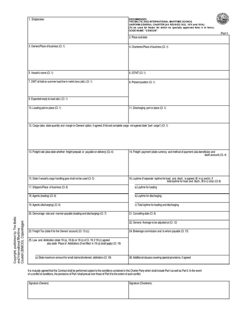 Gencon 1994 Charter Party Blank Form PDF Arbitration Cargo