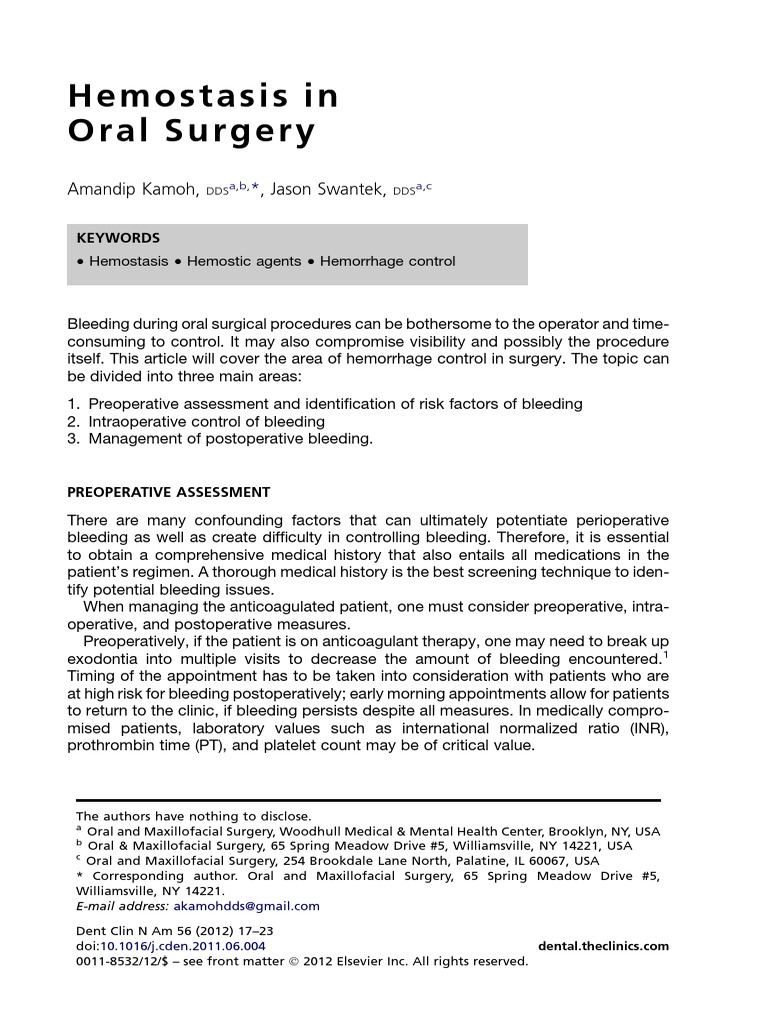 Hemostasis in Oral Surgery PDF PDF Bleeding Coagulation
