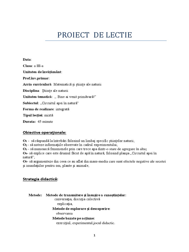 Stiinte Proiect De Lectie Stiinte Docx