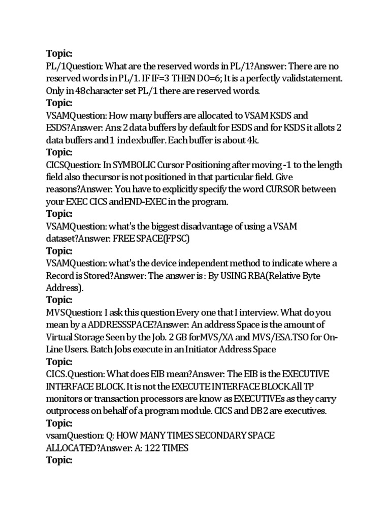 PL/1, VSAM, CICS, JCL, Db2 FAQs | PDF | Database Index | Software ...
