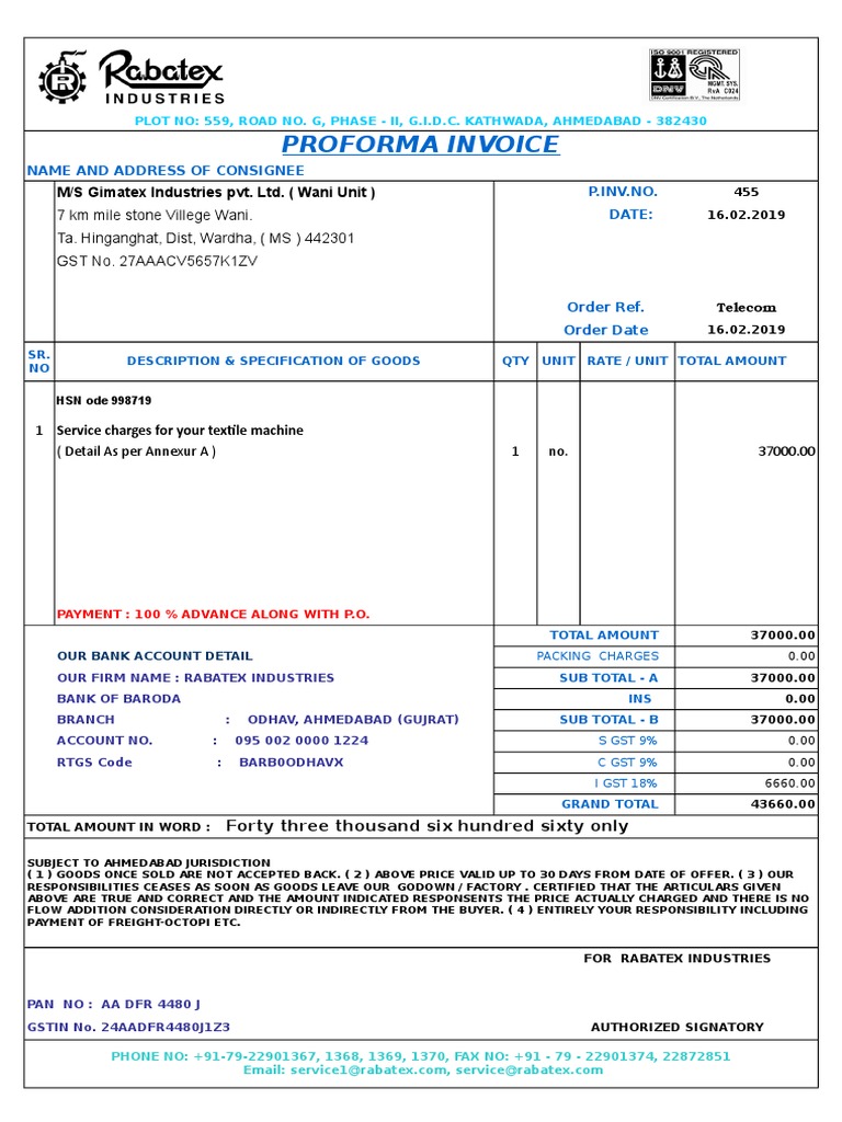 Proforma Invoice: M/S Gimatex Industries Pvt. Ltd. (Wani Unit) | PDF ...