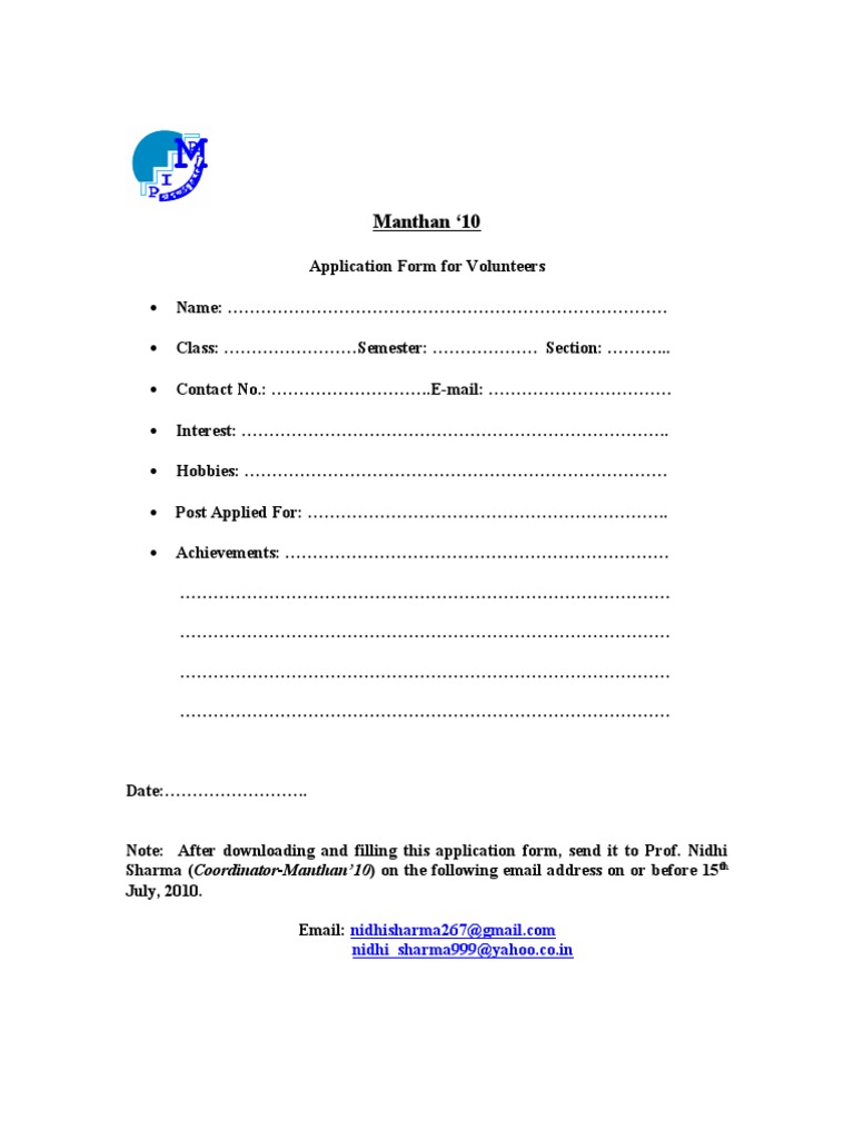 Manthan '10 Volunteer Application Form | PDF | Games & Activities ...