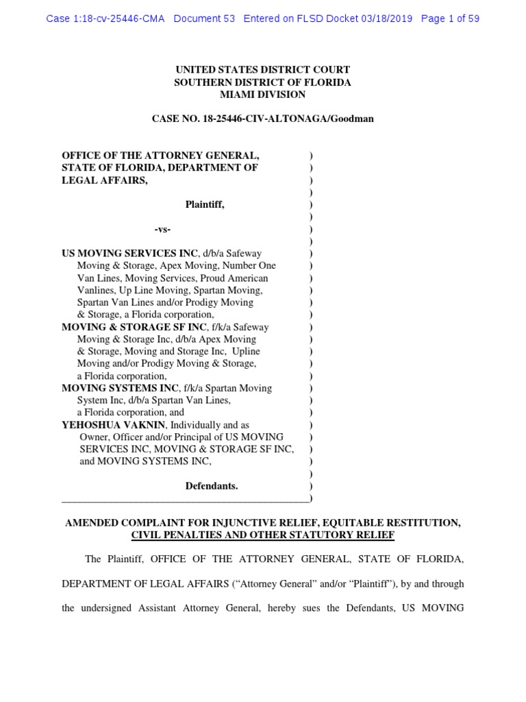 Florida Attorney General Moving Company Complaint PDF Cargo Complaint