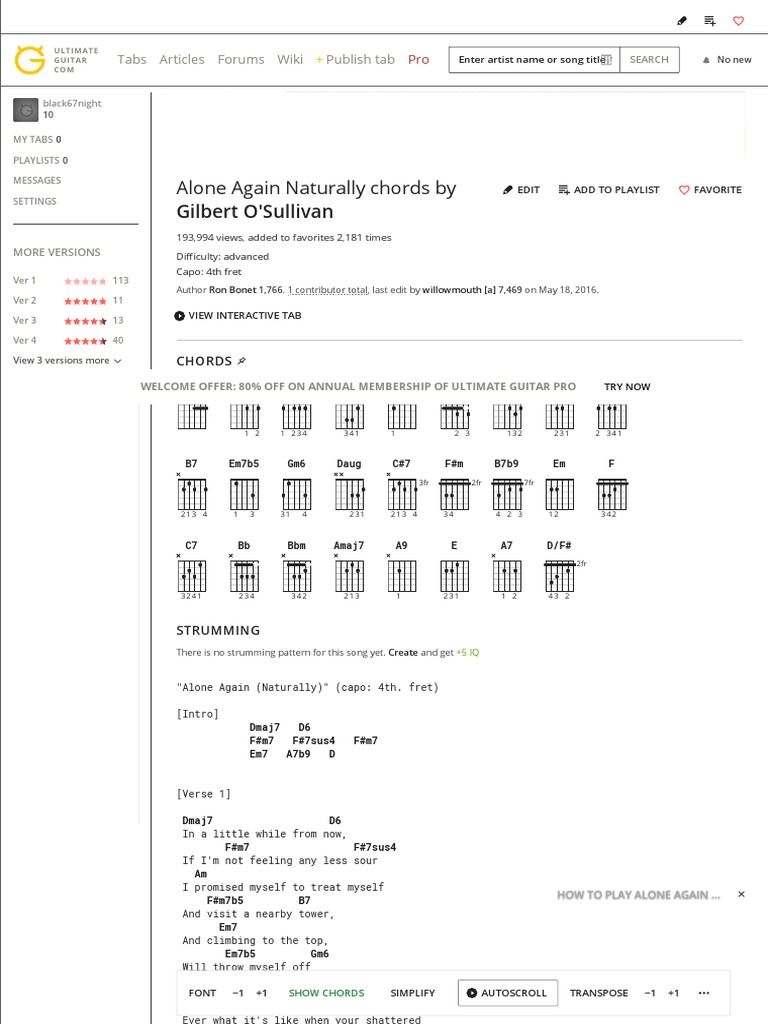 Gilbert O' Sullivan - Alone again (Naturally) Guitar Melody TAB Sheets