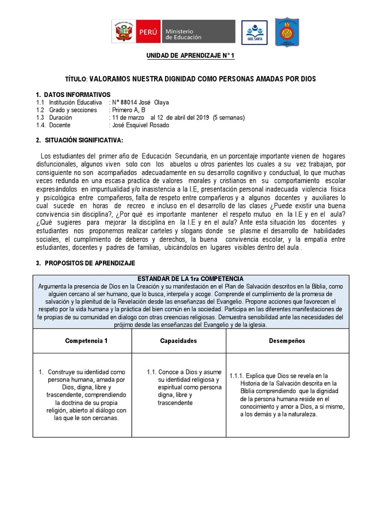 Unidad de Aprendizaje: Dignidad y Fe | PDF | Dios | Evaluación