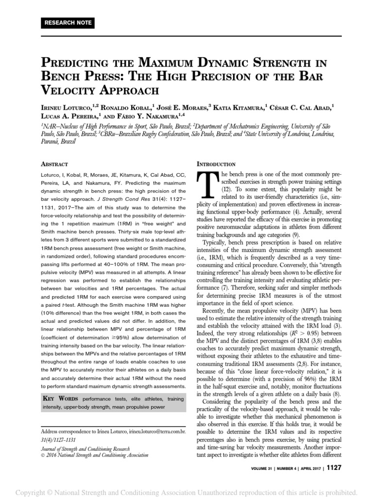 P M D S B P: T H P B V A: Redicting The Aximum Ynamic Trength in Ench ...