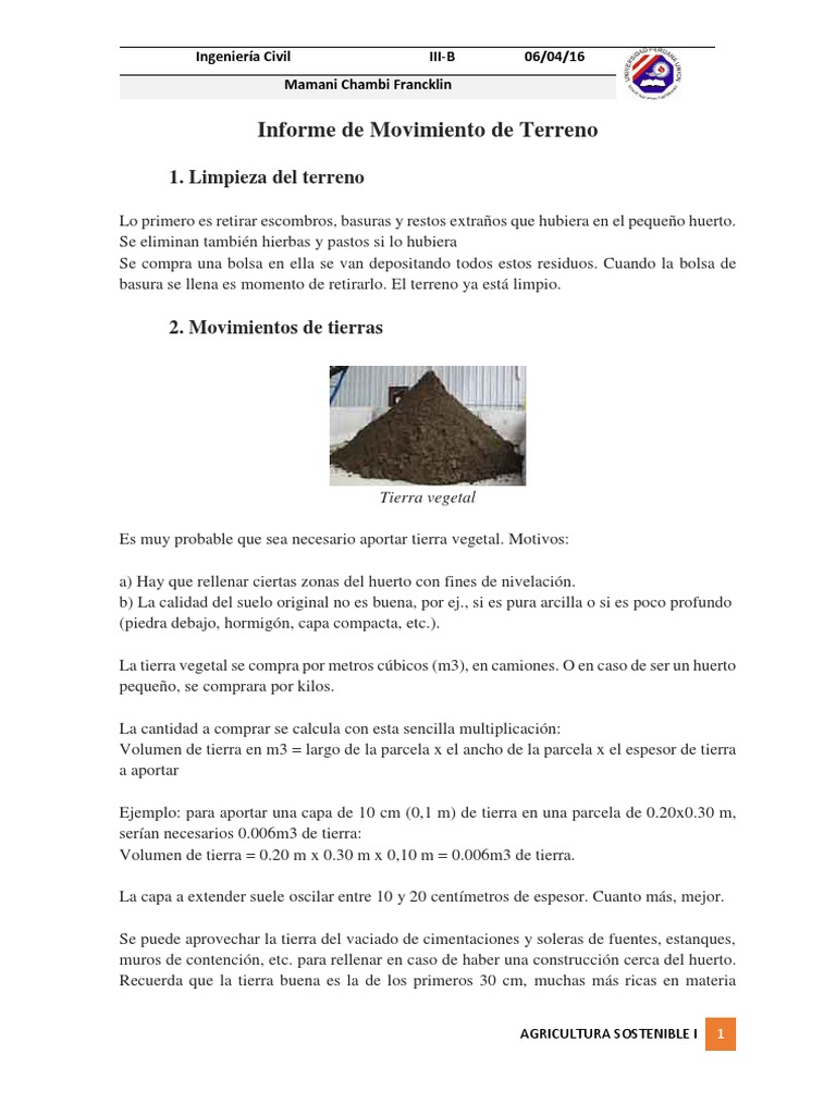 Informe de Movimiento de Tierras | PDF | Estiércol | Suelo