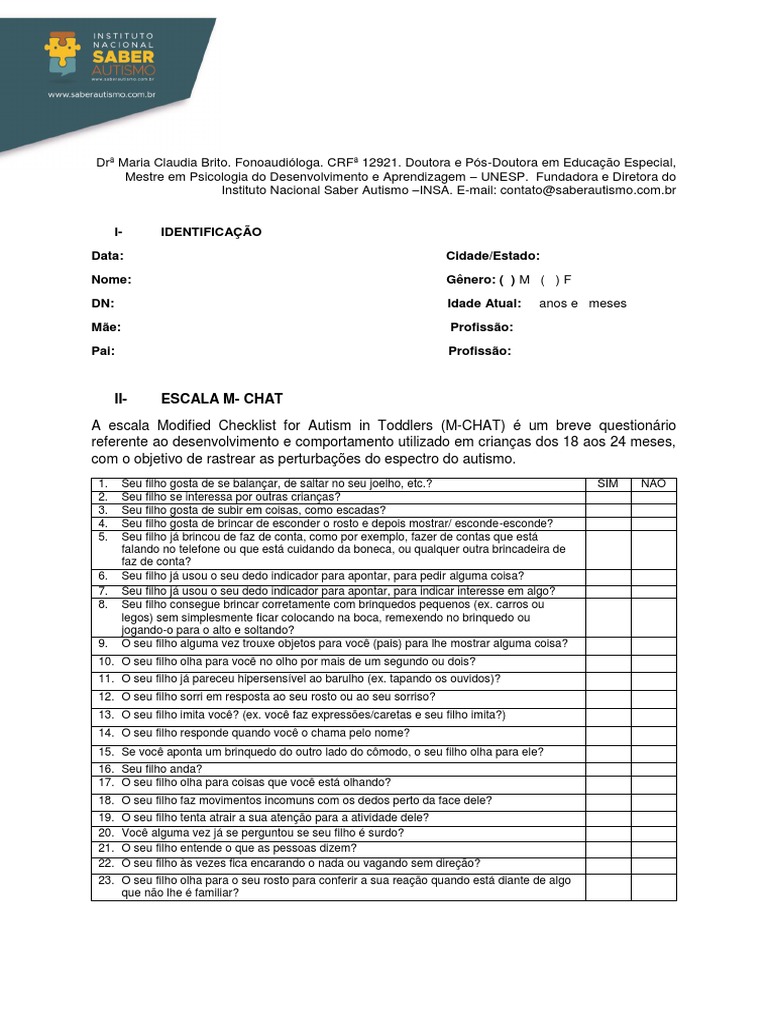 Escala M-CHAT para Rastreio de Autismo | PDF | Brinquedos | Autismo