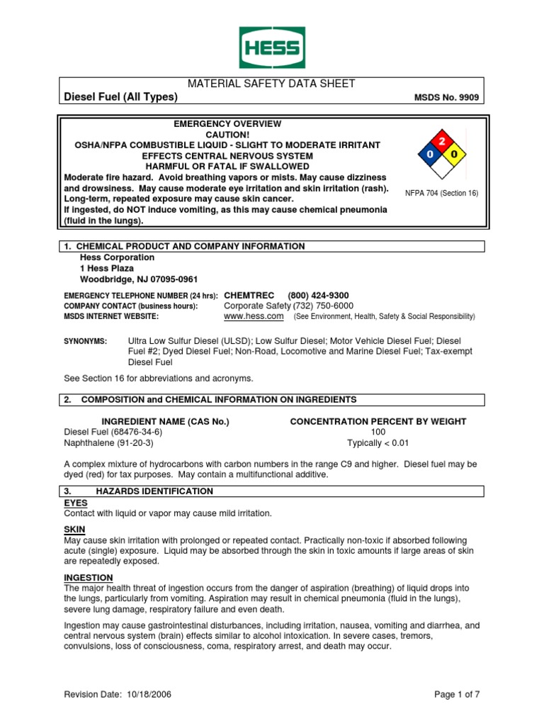 Diesel Fuel MSDS PDF PDF Firefighting Combustion