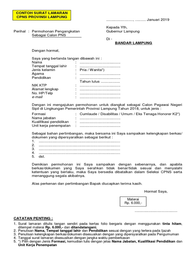 Contoh Surat Lamaran Pemberkasan CPNS PROVINSI LAMPUNG