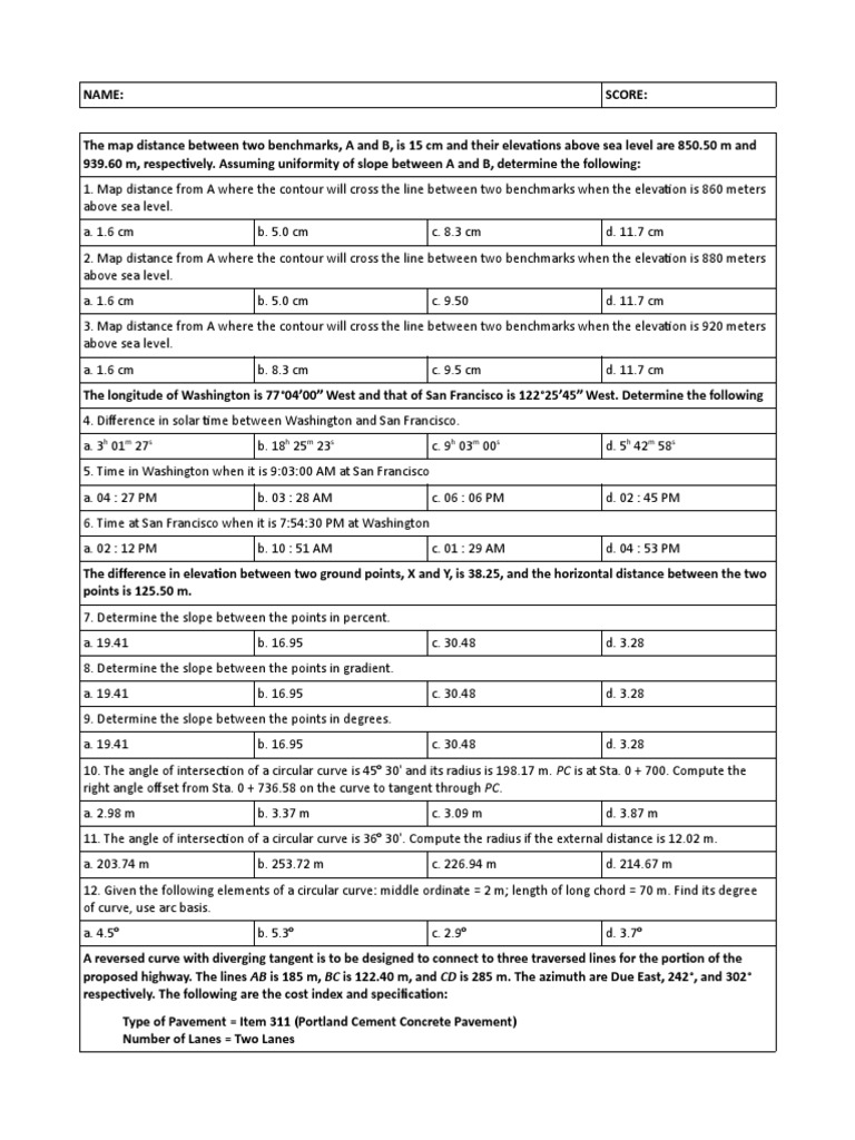 Higher Surveying: Contour and Curve Calculations | PDF | Angle | Longitude