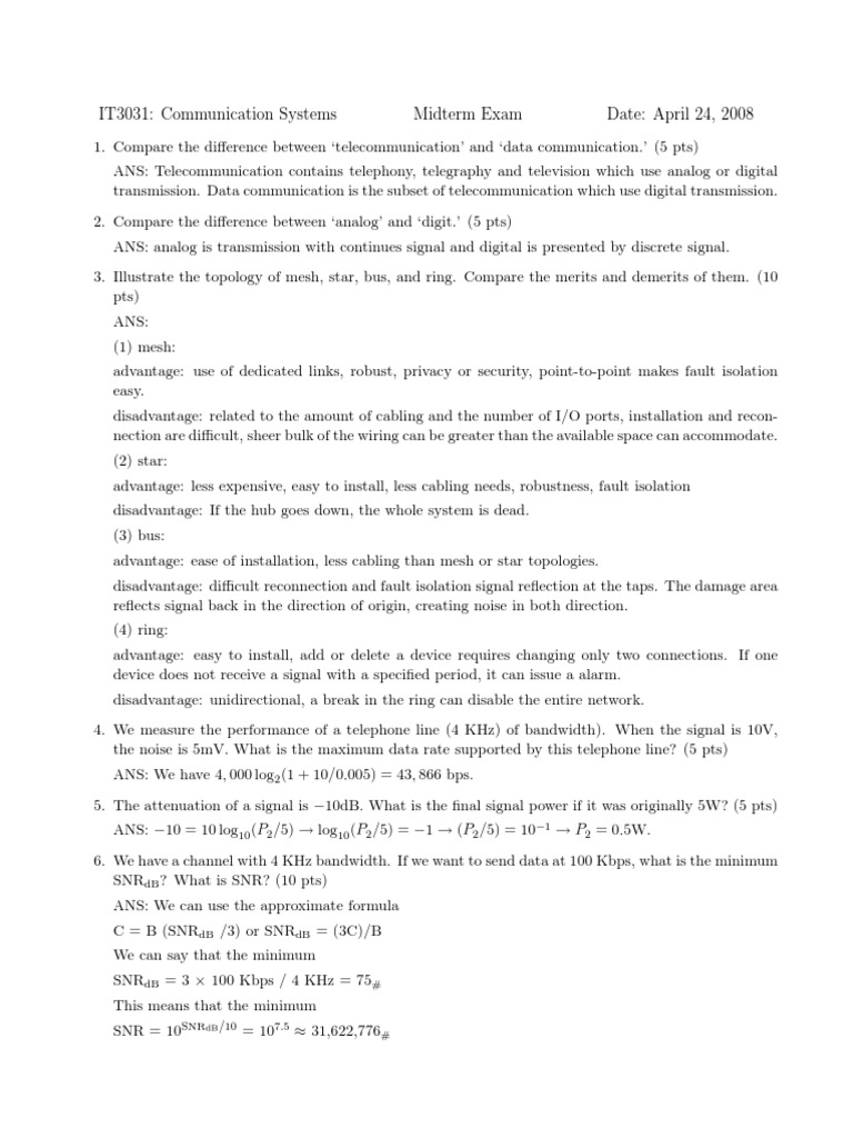 Telecom Communication Systems Exam | PDF | Network Topology ...