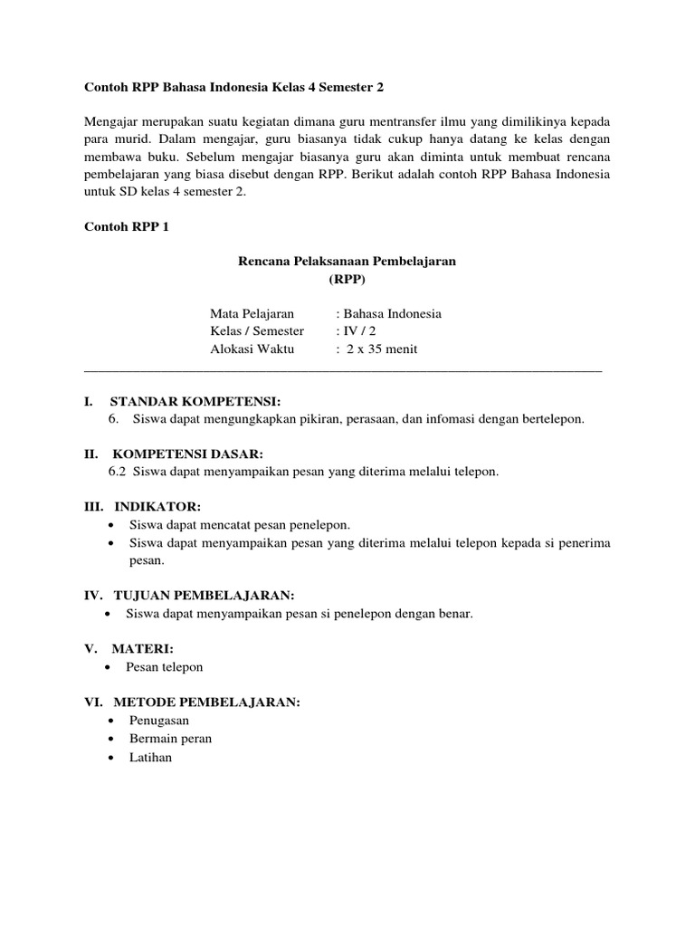 RPP Bahasa Indonesia Kelas 4 Semester 2 | PDF