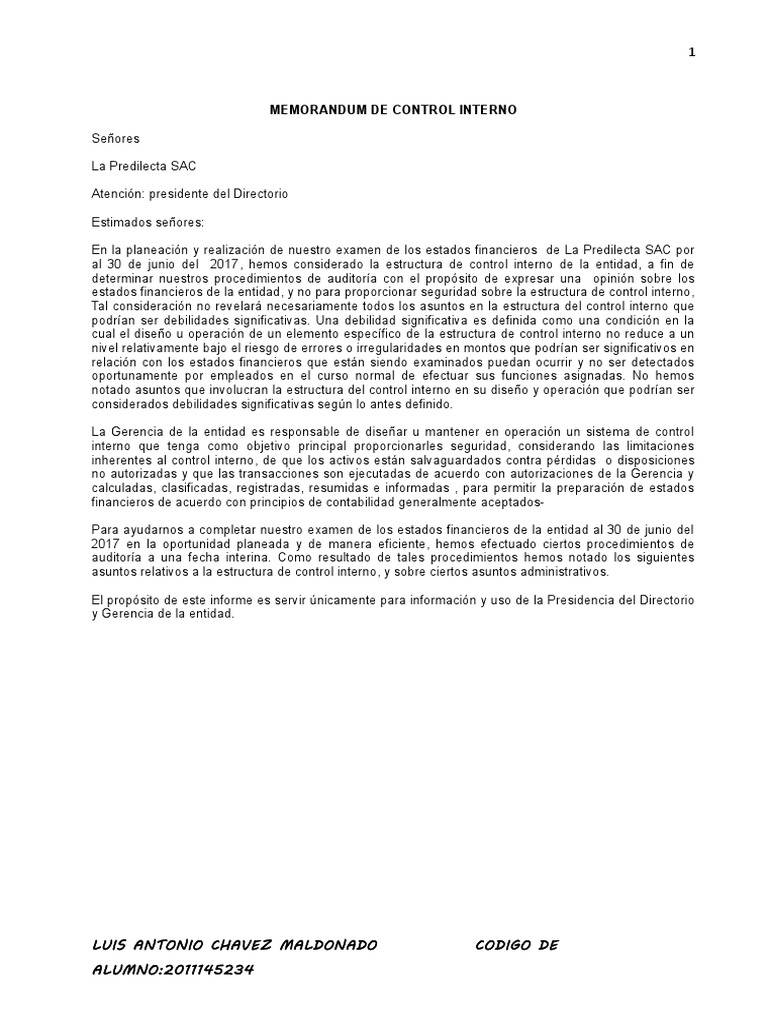 Informe de Control Interno 2017 | PDF | Contabilidad | Valoración ...