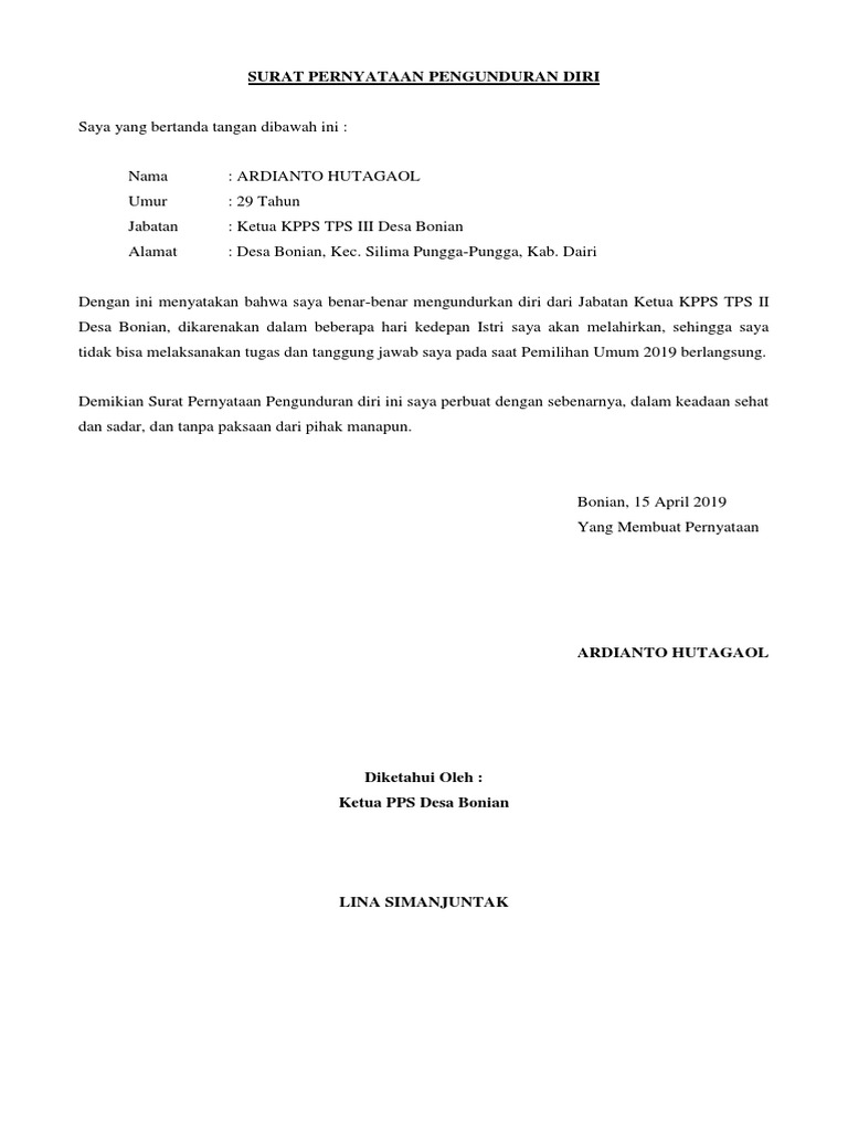 Surat Pernyataan Pengunduran Diri Anggota Kpps