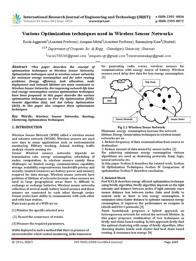Various Optimization Techniques Used in Wireless Sensor Networks | PDF