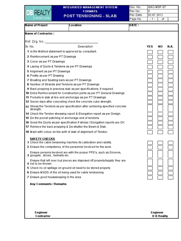 Post Tension Slab Inspection Checklist | PDF