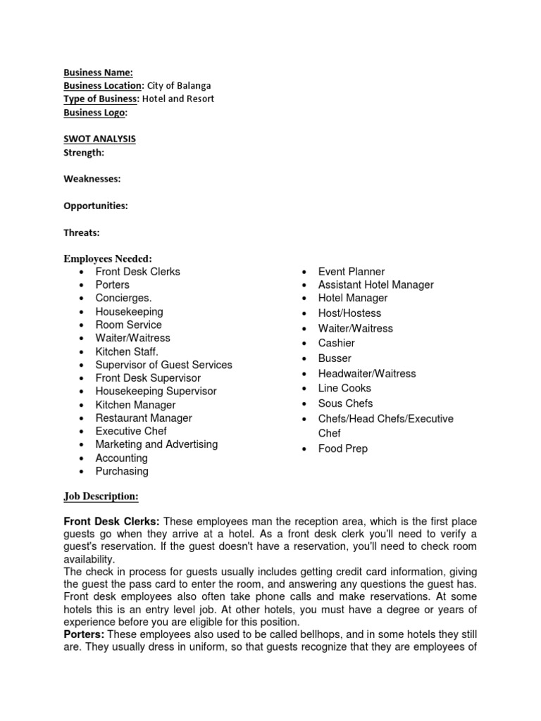 Purposive Business Plan Chef Waiting Staff