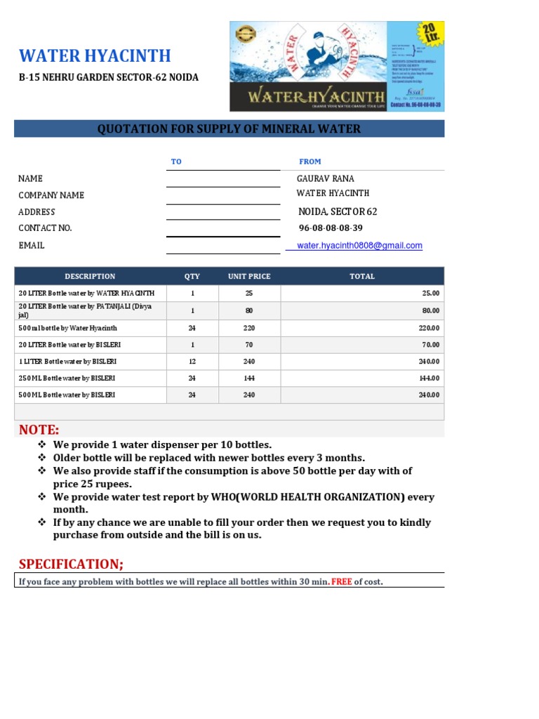 Mineral Water Supply Quotation from Water Hyacinth Offering Competitive