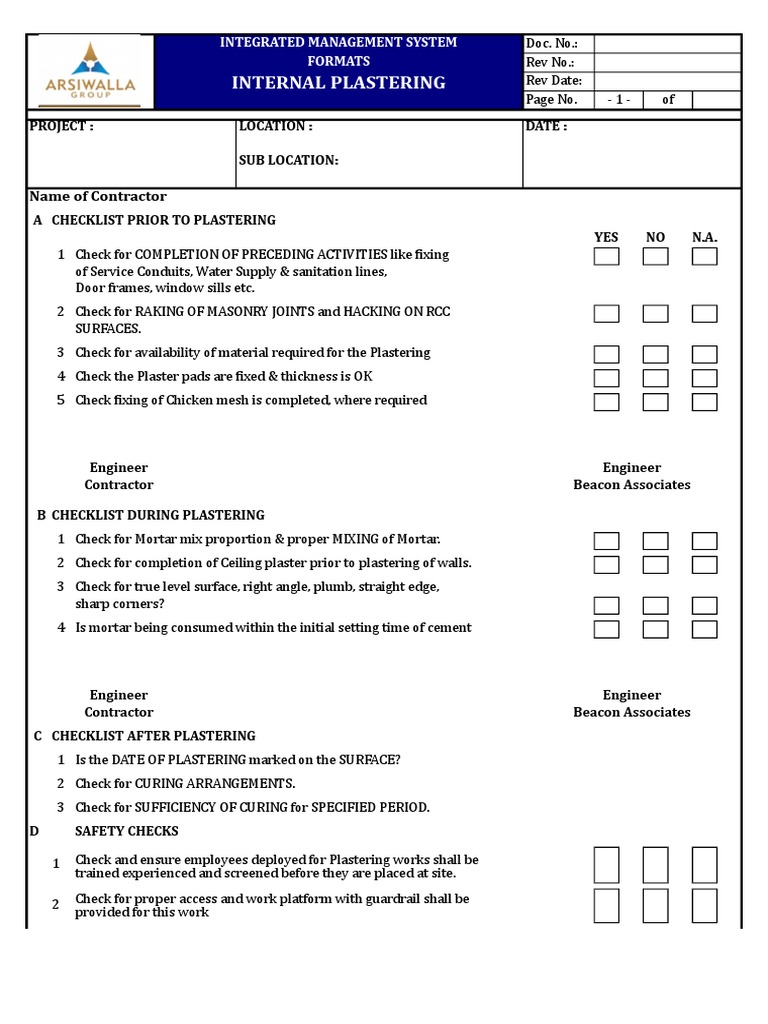 qa/qc checklist Internal Plastering | Structural Engineering ...