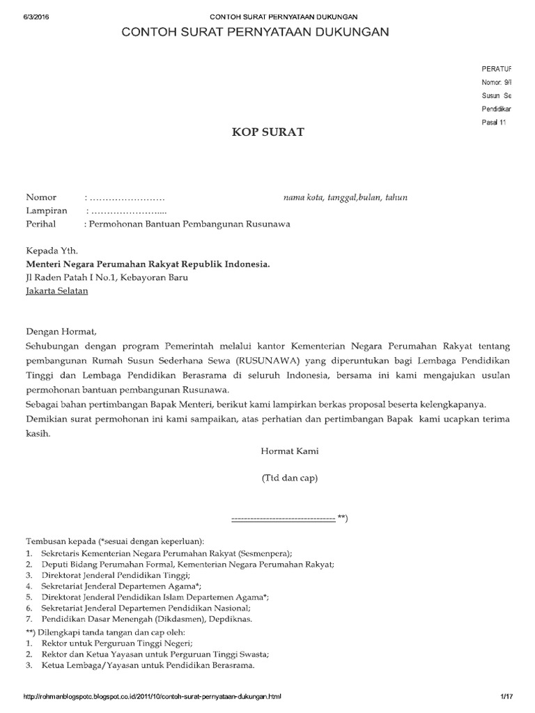 Contoh Surat Pernyataan Dukungan