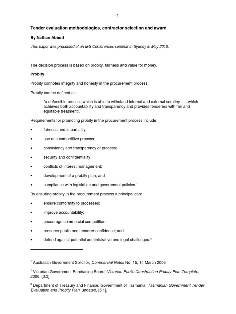 Tender Evaluation Methodologies Contractor Selection and Award | PDF ...