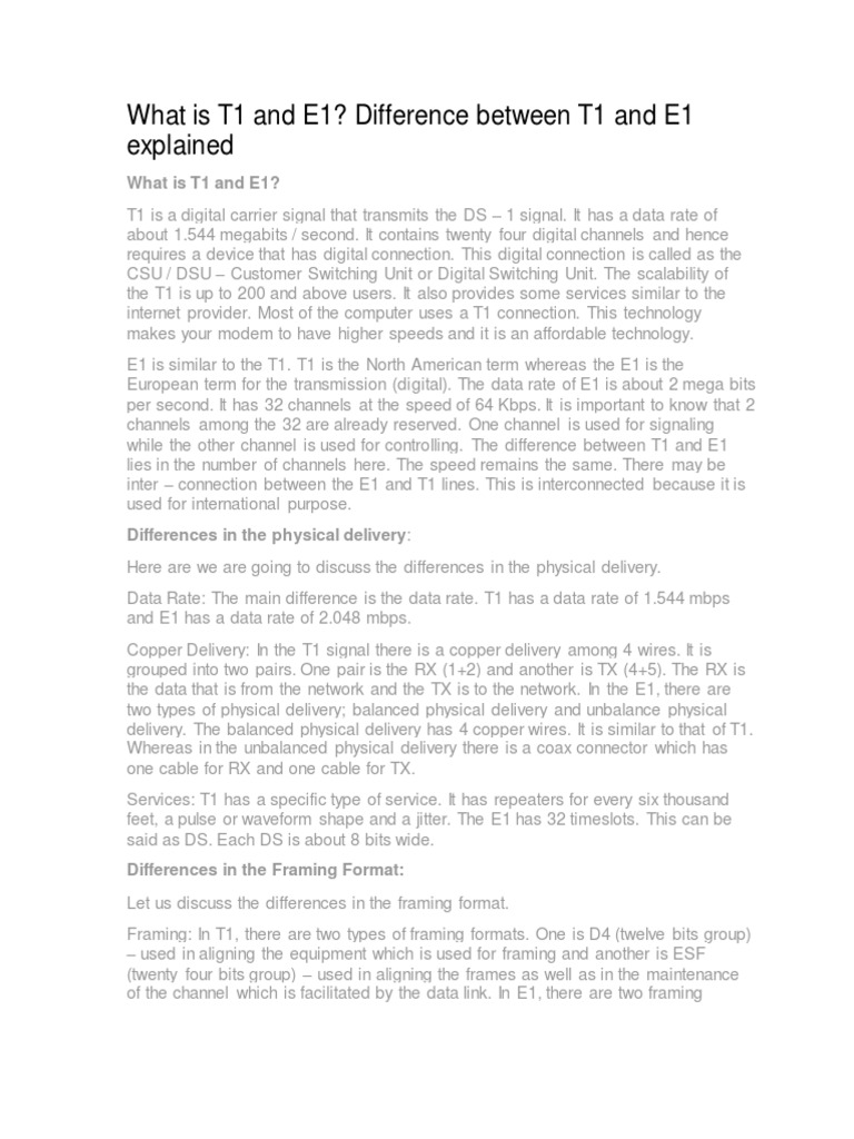 What Is T1 and E1? Difference Between T1 and E1 Explained | PDF | Data ...