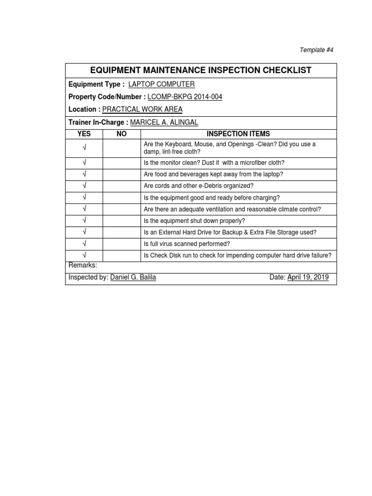 Equipment Maintenance Inspection Checklist | PDF