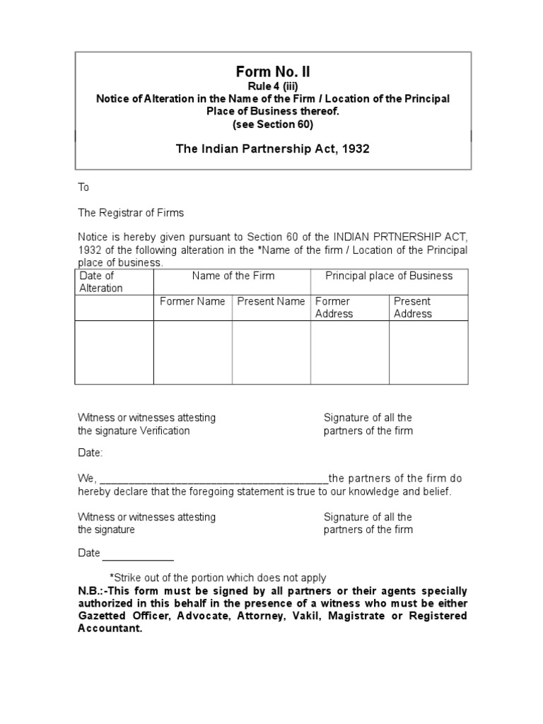 Form No. II: The Indian Partnership Act, 1932 | PDF | Partnership ...
